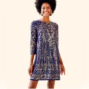 Lilly Pulitzer Navy & Gold Metallic Ophelia Swing Dress Size Small